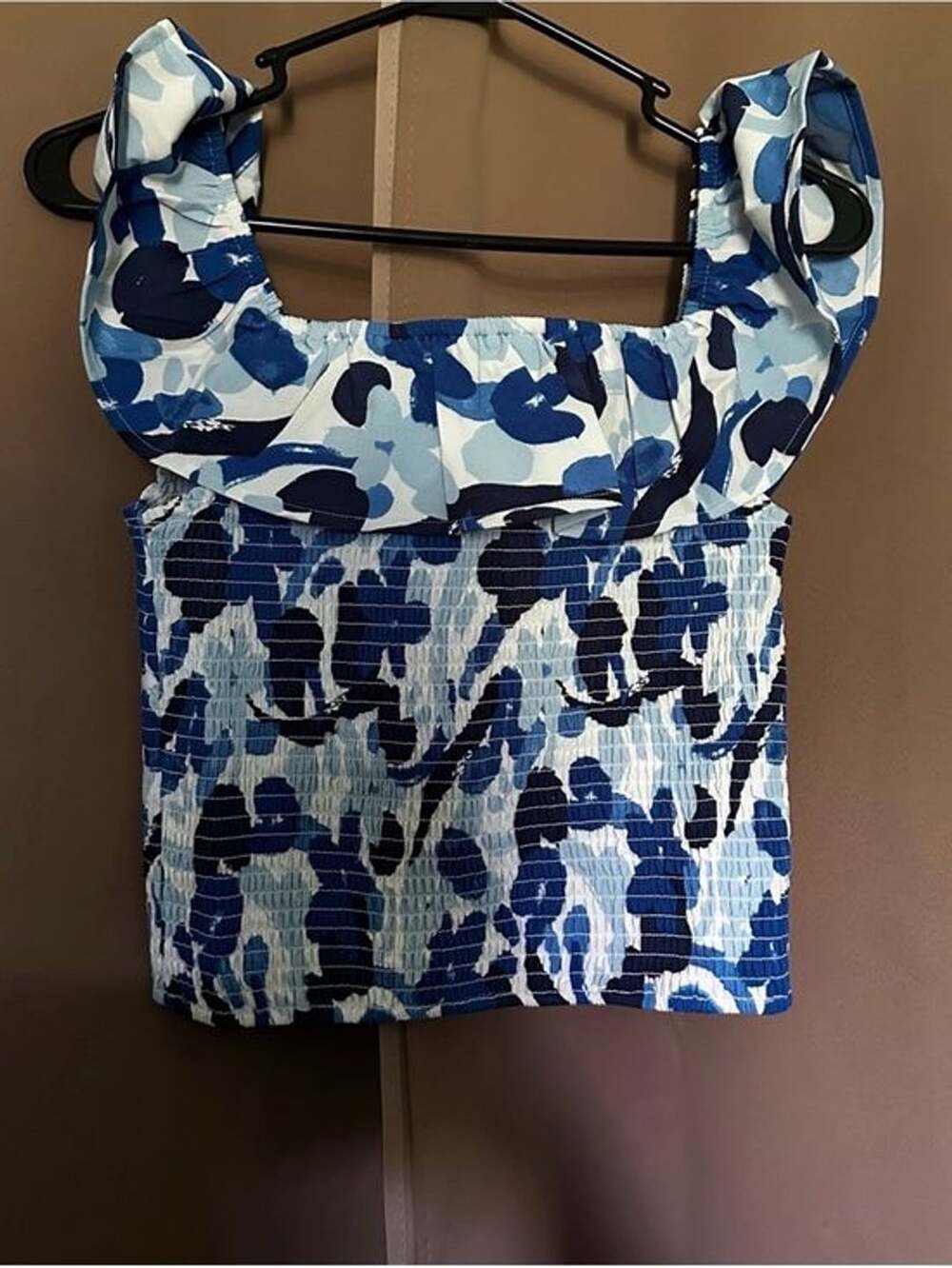 Blue and White Camo Smocked Crop Top - Women